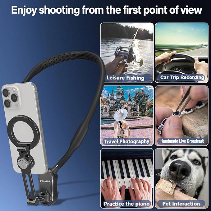 Magnetic Neck Phone Holder, 4 in 1 Neck Mount for Phones Action Camera Gopro, Hand Free Cell Phone Neck Holder for Recording POV/Vlog Video Selfie, Neck Tripod for iPhone, GoPro, Android Phones Black