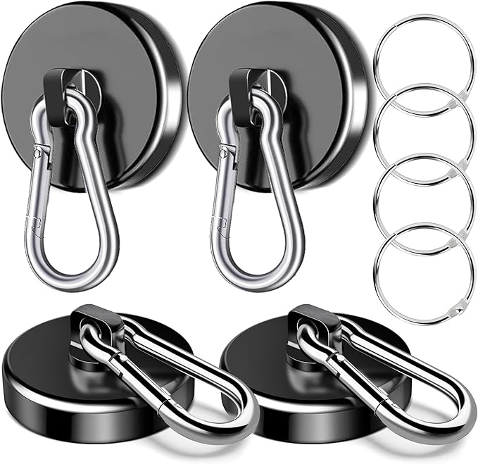 VSKIZ Magnetic Hooks Heavy Duty 150Lbs, 4 Pack Super Strong Magnetic Hooks with Swivel Carabiner for Cruise, Black Neodymium Magnet Hooks Magnetic Wall Hanger for Hanging, Toolbox, Grill, Cabins