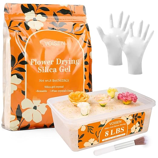VOISEN Silica Gel Flower Drying,8LBS Flower Drying Silica Gel Crystals,Color Indicating Flower Preservation Kit Contains Flowers Desiccant, Brush, Gloves, Plastic Box