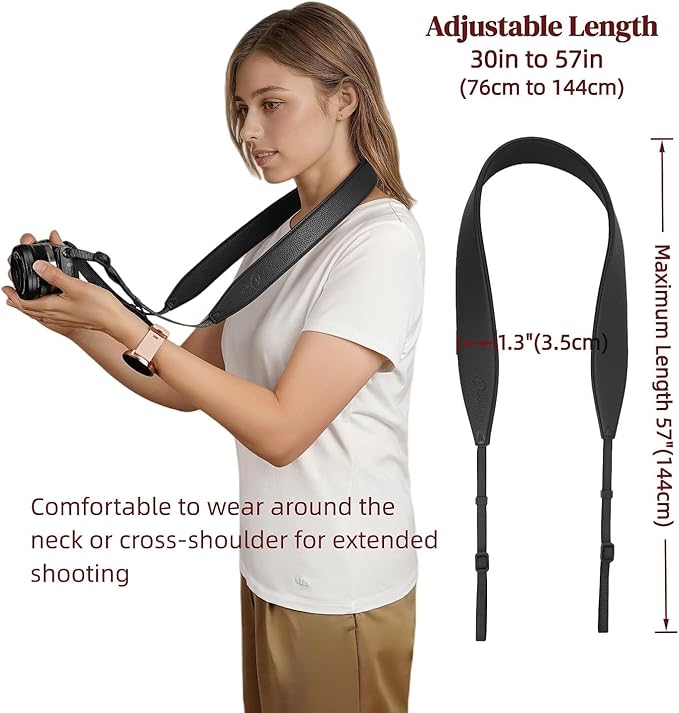 1.3”Wide Camera Strap, Fashionable PU Leather Camera Strap for Sony/Nikon/Canon/Minolta/Panasonic/SLR/DSLR Cameras (NEW Black, Small)