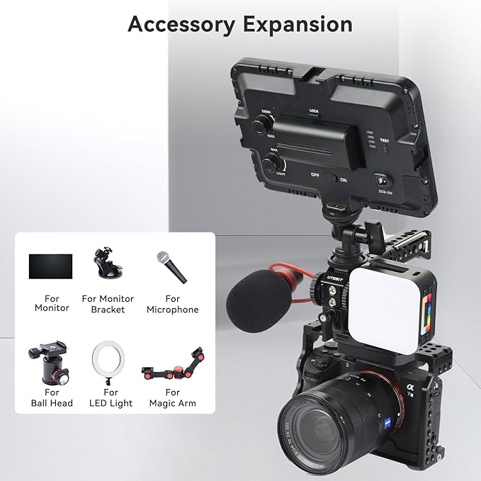 UTEBIT Camera Top Handle and NATO Rail, Top Handle Grip with 1/4" 3/8" ARRI Threads, 4 Cold Shoe Adapters to Mount DSLR with Microphone/LED Light/Monitor