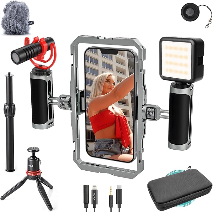Movo iFilmer-PRO Smartphone Video Rig Kit – Stabilizer Cage with Dual Grips and VXR10 Shotgun Microphone for iPhone/Android