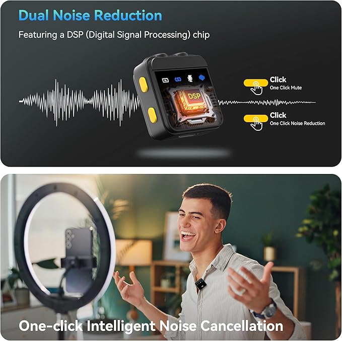 Wireless Lavalier Microphone for iPhone/iPad with Lightning Mini Lapel Mic Wireless, 48KHz/24Bit, 150ft Range, Noise Cancellation, 70H Battery for Video Recording and Streaming