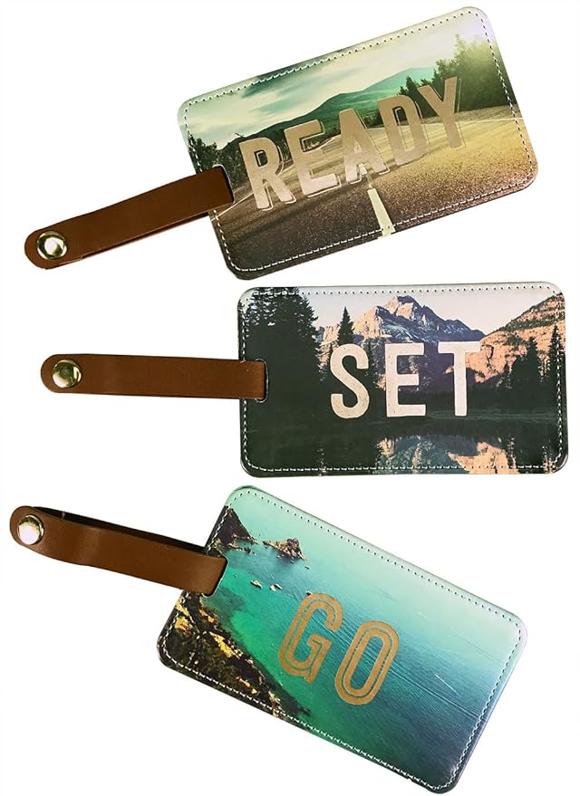 WORLD TRAVELER Luggage Tag Set - 3 Pack Baggage Tags Identifiers with ID Cards - Faux Leather Luggage Tags for Suitcases, Size One Size, Ready Set Go