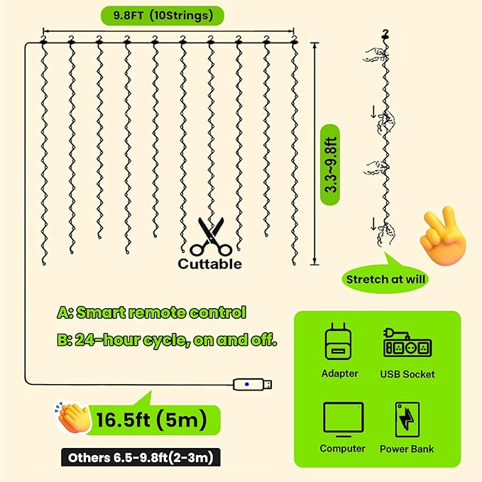HXWEIYE 300LED Fairy Curtain Lights, 9.8x9.8Ft USB Plug-in 8 Modes Christmas String Hanging Lights with Remote for Bedroom Backdrop Wedding Indoor Wall Decor, Green, Standard – 1 Pack