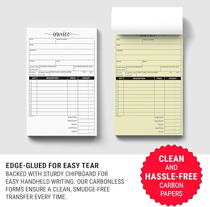 321Done Invoice Pad, 5.5x8.5 Small 2-Part Carbonless, Made in USA, Carbon Copy Sales Receipt Book Purchase Order Form for Small Boutique Craft Business (50 Sets) White/Yellow, Thick Paper