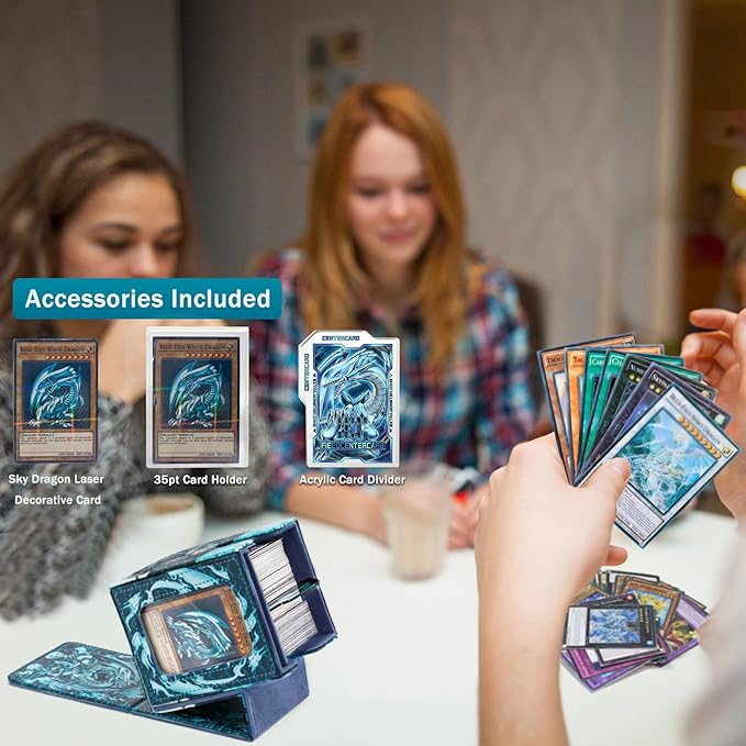 Card Deck Box for YGO MTG Deck Box 110+ Double Sleeved Cards Storage Box Trading Games Leather Storage Box with CardDivider,LaserCard,CardHolder (White Dragon)