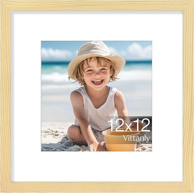 Vittanly 12x12 Picture Frame, Made of Solid Wood and Shatterproof Plexiglass, Display Pictures 8x8 with Mat or 12x12 without Mat, Wooden Photo Frame for Wall Mounting, Natural, 1 Pack