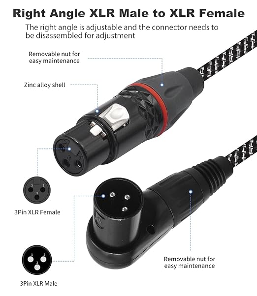2-Pack XLR Right Angle Male to Female Cable,3FT-90 Degree 3-Pin XLR Adapter Cable, Zinc Alloy Locking Connectors, Dual-Shielded for Tight Spaces, Stage & Studio Use
