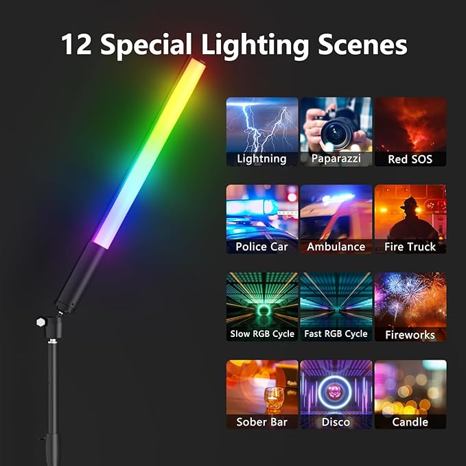 RGB LED Light Wand 360°RGB Handheld Video Light Stick for Studio Photography, Battery Powered Tube Lights, 12 Lighting Effects, 2500-6500K Dimmable Camera Light with LCD