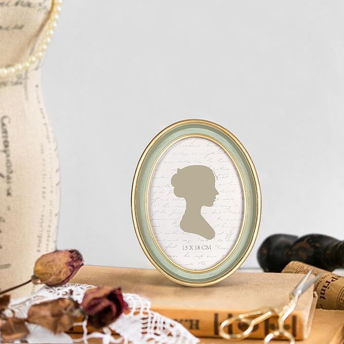AELS 5x7 Inch Vintage Picture Frame, Elegant Antique Photo Frames with Glass Front, Photo Display, Tabletop Wall Hanging, Gift Ideas, Oval Sage Green with Gold Trim