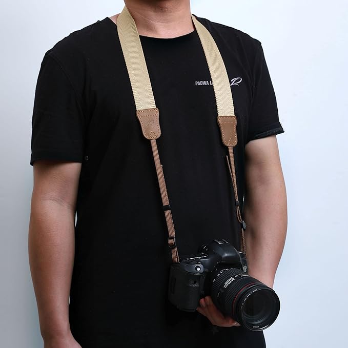 Padwa Lifestyle Camera Strap - Double Layer Crazy Horse Cowhide Ends,1.5"Wide Pure Cotton Woven Camera Strap,Adjustable Neck Shoulder Strap for All DSLR Cameras,Great Gift for Photographers-Off White