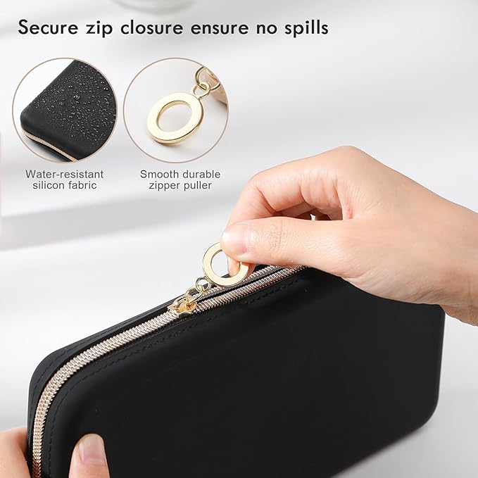 FVION Zipper Makeup Brushes Bag For Travel, Large Silicone Makeup Brush Holder, Make Up Brushes Pouch Case for Makeup Tools - Black