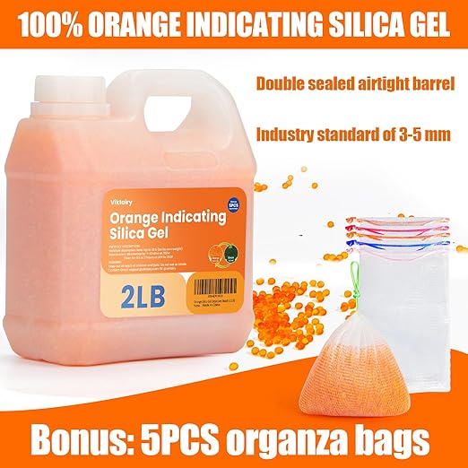 2LBS Desiccant Beads, Premium Color Indicating Silica Gel Beads Bulk, Industry Standard 3-5 mm Rechargeable Desiccant for 3D Filament, Electronic Devices, Camera, Documents, Safe (5PCS Organza Bags)
