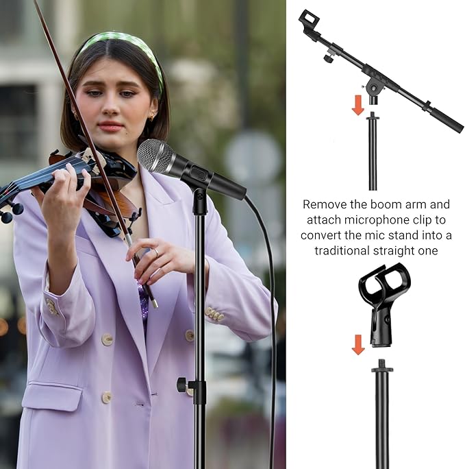 Microphone Stand, Floor Foldable Mic Stand with Phone Clip,Heavy Duty Tripod Boom Arm with 2 Mic Clips and Carrying Bag for Singing Karaoke Stage