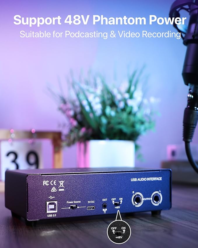 2x2 USB-C Audio Interface for PC/Mac Recording, 24-bit/192kHz, Dual TS/XLR Inputs, +48V Phantom Power, Studio/Podcast/Streaming (Matte Black)