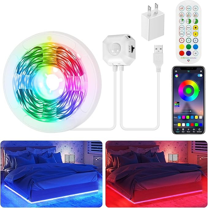 Motion Activated LED Strip Under Bed Lights, 9.8Ft RGB LED Strip Lights with Motion Sensor, Remote, App Control, Music Sync Motion Sensor LED Light Strip USB Powered for Bedroom Cabinet TV PC