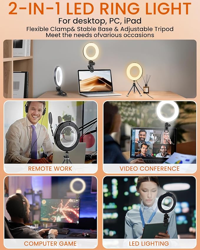 Video Conference Lighting Kit, Ring Light Clip on Laptop Monitor, 6" Dimmable LED Circle Selfie Light for Zoom Meeting/Remote Working/Zoom Calls/Live Streaming/Video Recording