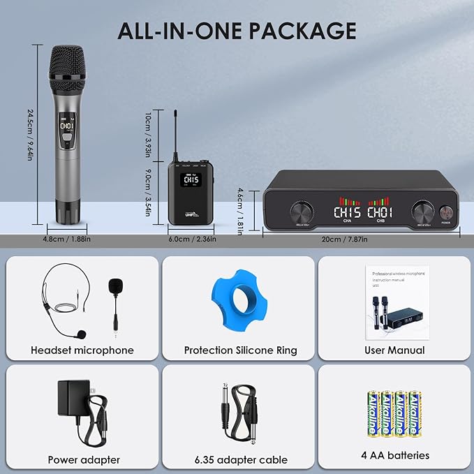Lococo Wireless Microphone System MIC: Cordless Headset Microphones Bodypack Set - UHF Receiver 328ft Range Channels for Speaking, Singing Church DJ Stage Studio