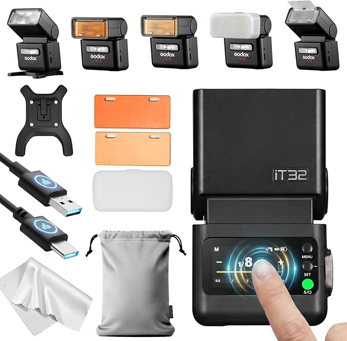 Godox IT32 Camera Flash-LCD Touchscreen Control,Flexible Flash Head,Built-in Reflector and Diffuser,LED Modeling Light,Compatible with Godox X5, X3, X2T, XPro, and XPro II Flash Triggers