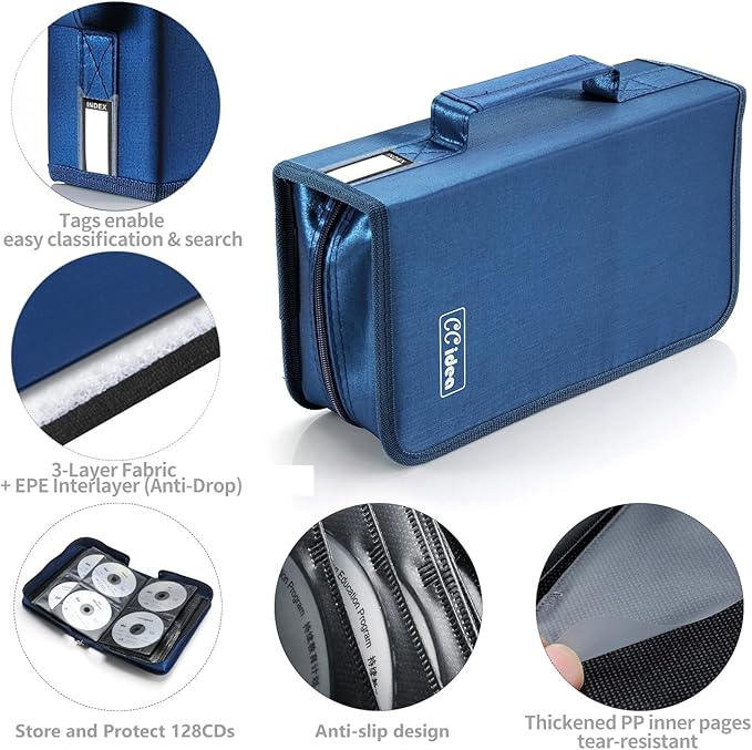 CCidea CD Case DVD Storage Holder, 128 Capacity DVD Cases Organizer CD Plastic Protective Carrying Binder,Portable Cd Wallet for Home Travel (Blue), 128-blue, L11 xW 6 x H3.5 INCH, Beauty Case