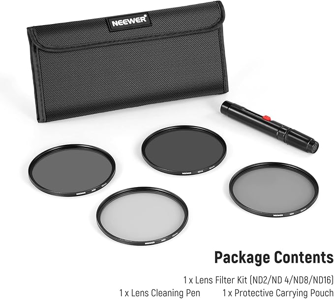 NEEWER Fixed ND Filter Kit 58mm ND2 ND4 ND8 ND16 Neutral Density Filter and Accessory Kit, Lens Pen, Filter Pouch Included