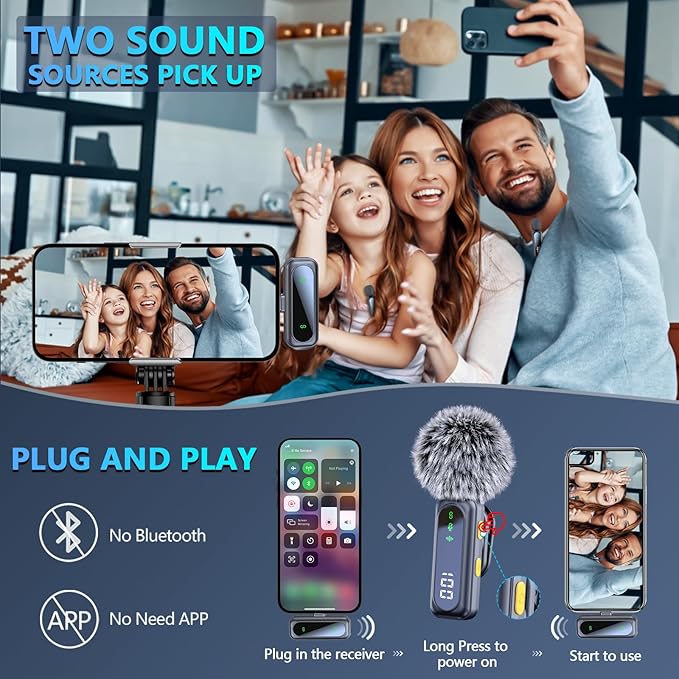 RICCHI Wireless Lavalier Microphone for iPhone iPad and Android Phone, 2pcs Mini Microphone with Noise Reduction Lapel Mic for Video Recording Interview Podcast YouTube TikTok