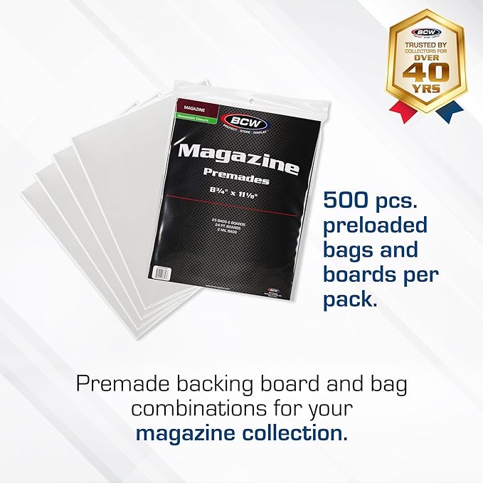 BCW Magazine Bags and Boards – (500 Pack) | Premade Resealable Magazine Protectors | Standard Size 8 ¾" x 11 ⅛" | Magazine Sleeves and Boards Pre-Loaded for Storage and Display