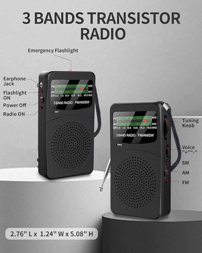 FM AM SW Back Clip Pocket Radio, Battery Operated Mini Radios, Portable Shortwave Transistor Radio with Emergency LED Flashlight & Headphone Jack for Elder/Kids
