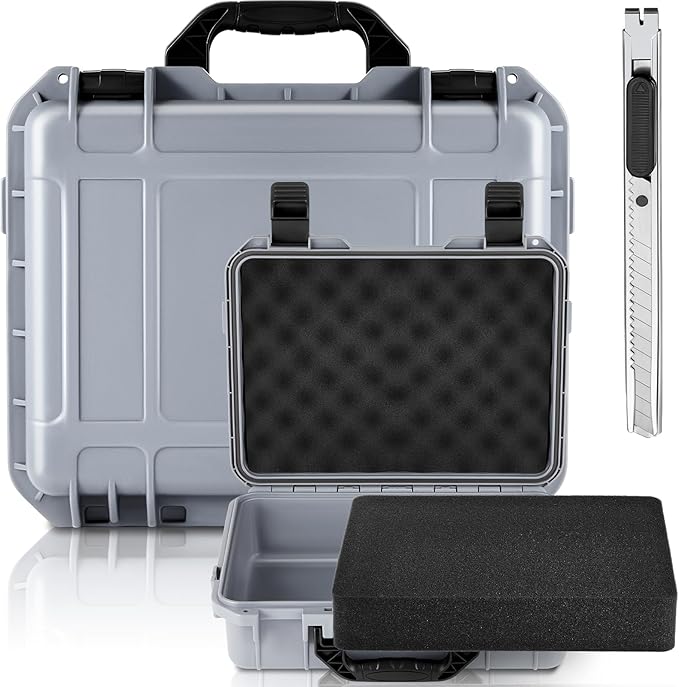 Relaxweex 1 Pcs 11.3 x 8.7 x 4.2 Inch Waterproof Hard Case with DIY Customizable Foam Insert Portable Protective Case with Knife for Camera Drones Equipments Tools Test Instruments (Gray)
