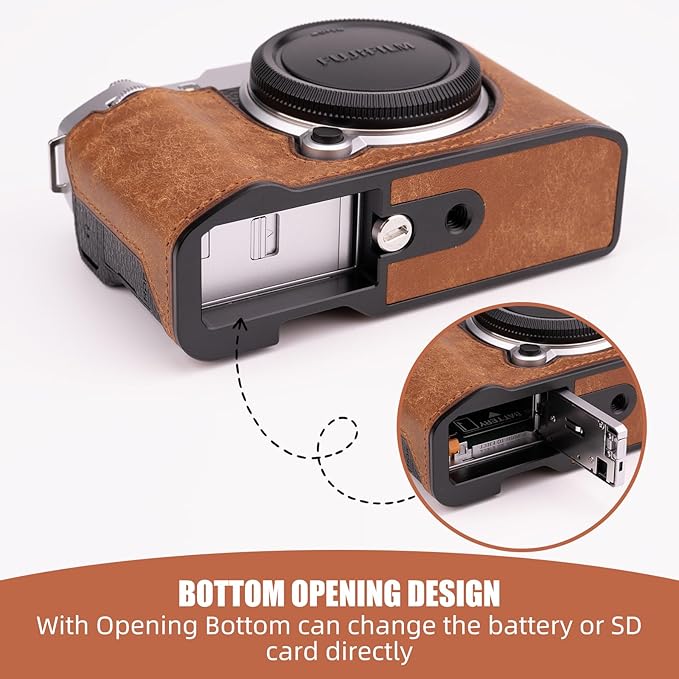 Uchandmade Handmade Genuine Leather Camera Half Case for Fujifilm X-M5/Fujifilm X-M5 Camera Case/Fujifilm X-M5 Case - Top Layer Cowhide Body + Metal Base Plate (Yellowish-Brown)