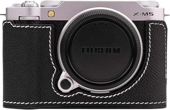 Handmade Genuine Leather Camera Half Case for Fujifilm X-M5/Fujifilm X-M5 Case - Top Layer Cowhide Body + Metal Base Plate (Black)