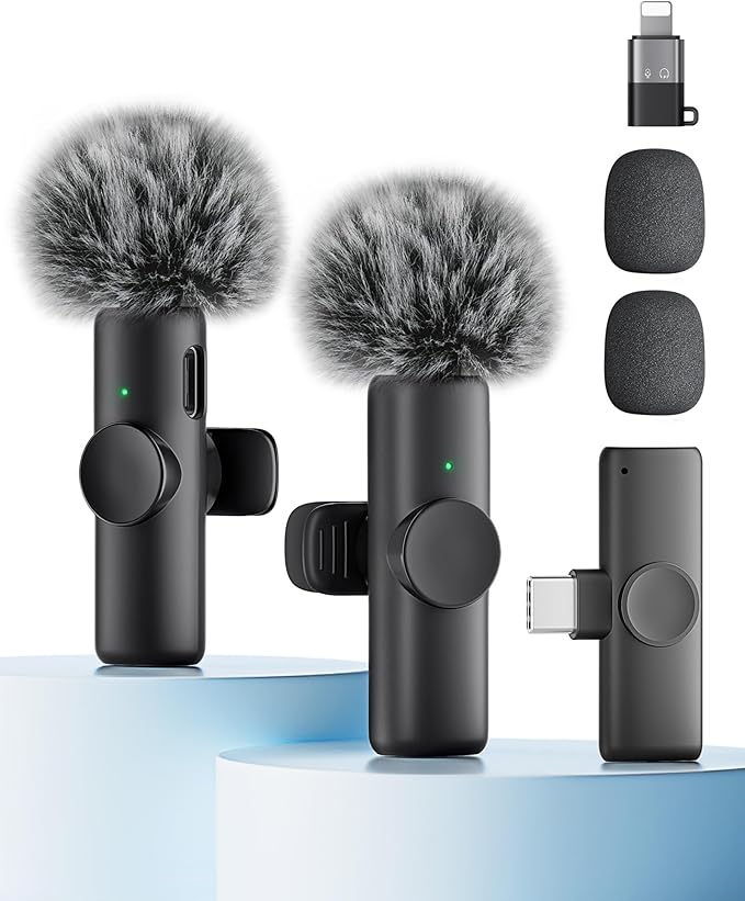 Wireless Microphone for iPhone iPad and Android Phone, 2 Pack Wireless Lavalier Lapel Mic with Noise Reduction, Plug and Play Mini Microphone for Video Recording Interview Podcast YouTube TikTok Vlog