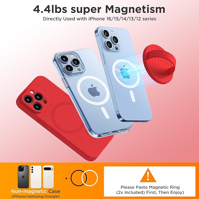 Upgraded Magnetic Phone Grip, Liquid Silicone Soft and Portable, Removable Finger Loop Ring Grip Holder for iPhone, Strong Magnetic Attraction, Compatible with MagSafe Phone Case, Red