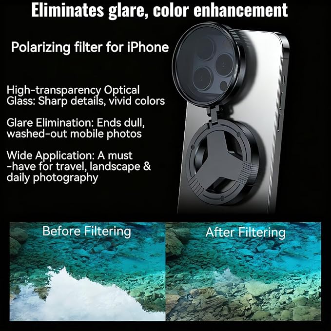 Magnetic CPL Filter for iPhone, 52mm Polarizing Filter, Circular Polarized Lens Filter with Foldable Stand, Rotatable Polarizer Filter Compatible with iPhone 17/16/15/14/13 and Smartphone