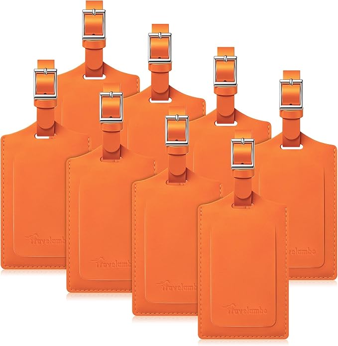 Travelambo 8 Pack Luggage Tags Faux Leather for Suitcases Travel Bag Labels Travel Accessories Essential with Protection Cover ID (Orange)