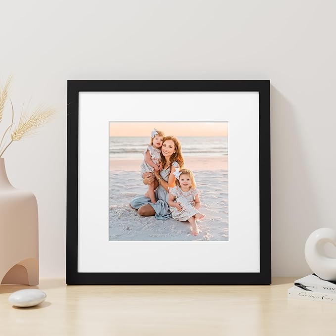 Vittanly 12x12 Picture Frame, Made of Solid Wood and Shatterproof Plexiglass, Display Pictures 8x8 with Mat or 12x12 without Mat, Wooden Photo Frame for Wall Mounting, Black, 1 Pack