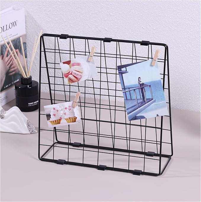 BEKMLOD Photo Display Rack, Note Display Rack, Double sided Photo Metal Rack, Desk Photo Manager, With 20 Wooden Clips, Black