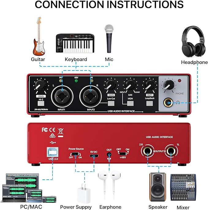 EBXYA 2x2 Audio Interface for Recording Music, 24-bit/192kHz Plug and Play USB Interface for PC and Mac, Studio, Guitar, Podcast, Streaming(Metallic Red)