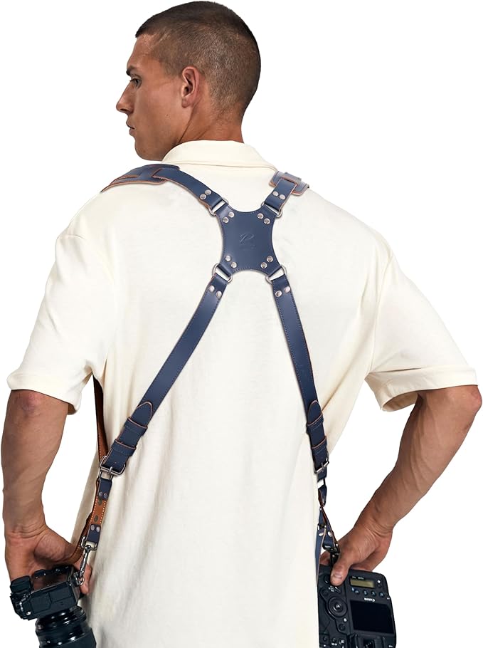 Padwa Lifestyle Blue Dual Camera Harness for Two Cameras - Wide Strap with Thick Shoulder Padded,Full Grain Leather Double Harness,Multi Camera Gear for DSLR Strap for Photographers