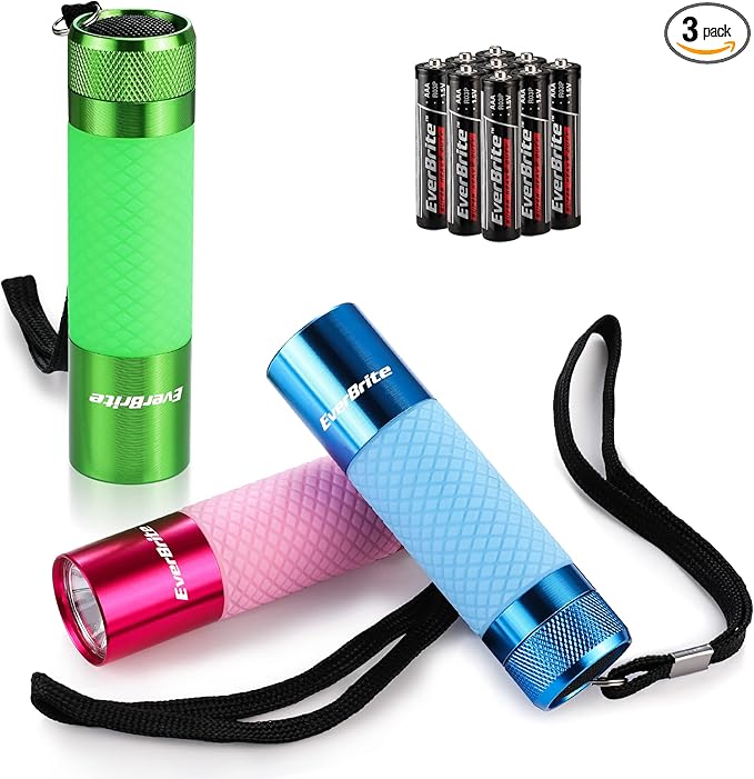 EverBrite 3-Pack Mini Flashlights, Glow in Dark Flashlights, Aluminum LED Flashlights Outdoor Favors Assorted Colors for Camping, Hiking, Indoor, 9XAAA Batteries Included