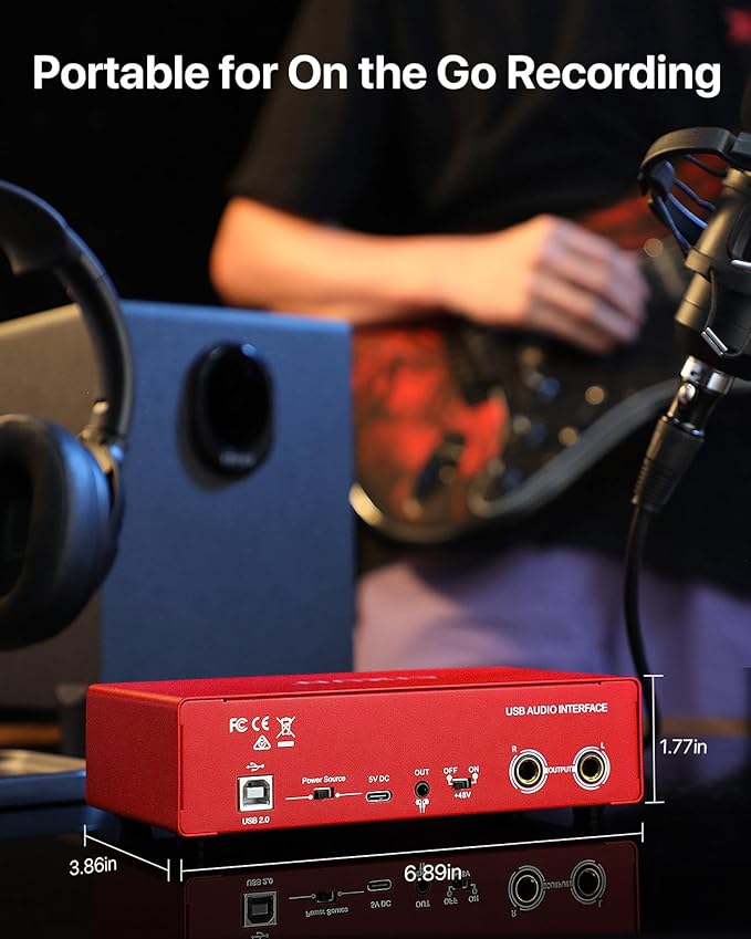 2x2 USB-C Audio Interface for PC/Mac Recording, 24-bit/192kHz, Dual TS/XLR Inputs, +48V Phantom Power, Studio/Podcast/Streaming(Matte Red)