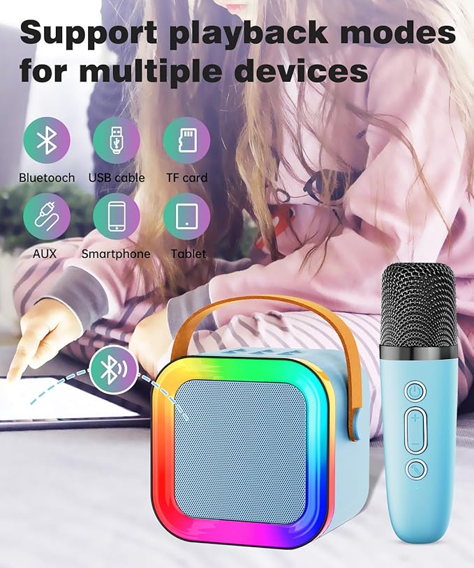 Mini Karaoke Machine Speaker for Kids Adults,Portable Bluetooth with 1-2 Wireless Microphones,Christmas Birthday Gifts Toys Girls Boys Ages 4, 5, 6,7, 8,9,10,11,12+ Years Old Toddler (Blue - 2 Mic)
