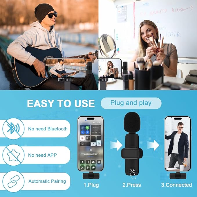 Wireless Microphone for iPhone 17 Pro Max/16/16e/16 Plus, Mini Lavalier Microphone USB C Wireless Lav Mic for Android Samsung S25FE S25 Ultra A17 A16, iPhone Video Recording,Interview,TikTok,YouTube