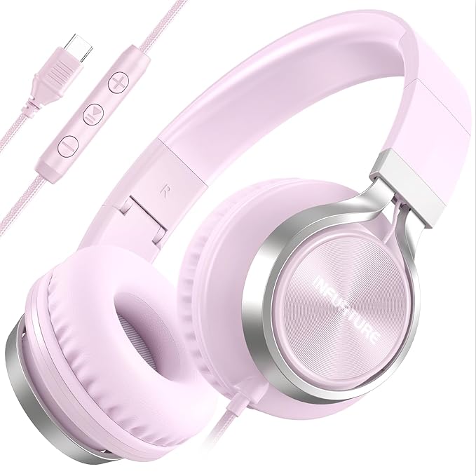 USB C Headphones Wired with Mic & Volume Control, Tangle-Free, Type C Over-Ear Headphones, Lightweight/Foldable Kids Headphones Wired Headphones USB C for iPad/Sports/School/Travel/iPhone 17/16/15