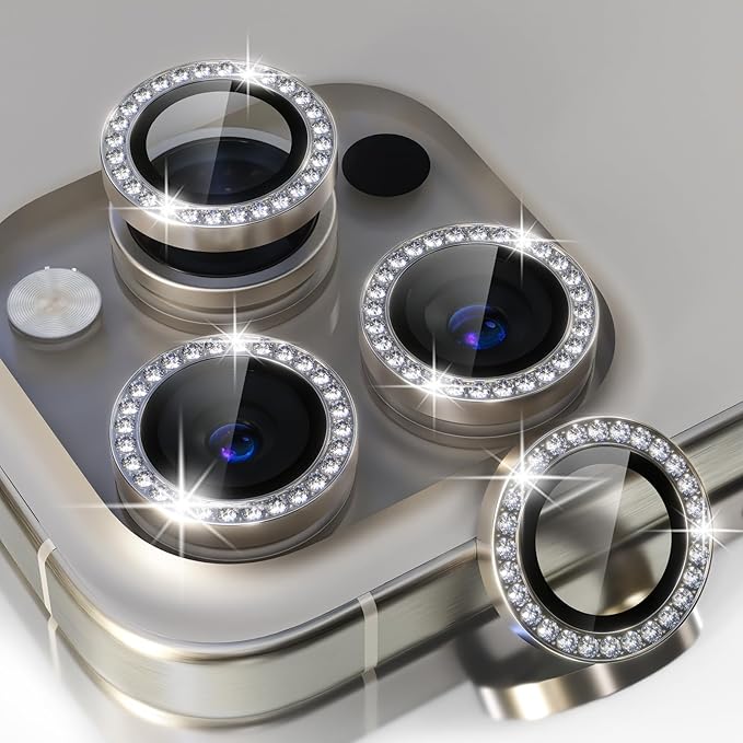 Choiche Compatible for iPhone 15 Pro/iPhone 15 Pro Max Camera Lens Protector Bling, 9H Tempered Glass Camera Cover Screen Protector Metal Ring Decoration Accessories (Diamond-Titanium Gray)