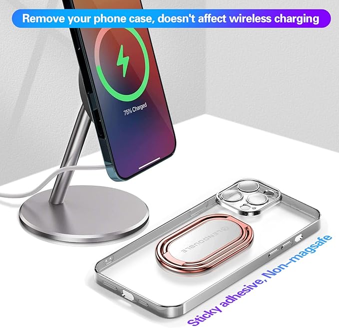 Adjustable Cell Phone Stand for Desk, Portable Phone Ring Holder Finger Kickstand Foldable Desktop Hand Grip, 360° Rotatable Loop Handle for Magnetic Car Mount & iPhone iPad Tablet Case Back-Rose Gold