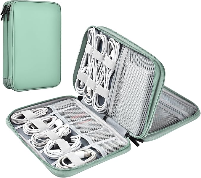 Leather Cord Organizer Travel Waterproof Travel Cable Organizer Bag Portable Tech Organizer Travel Case for Charger Electronic Accessories(Light Green, Double Layer-Small)