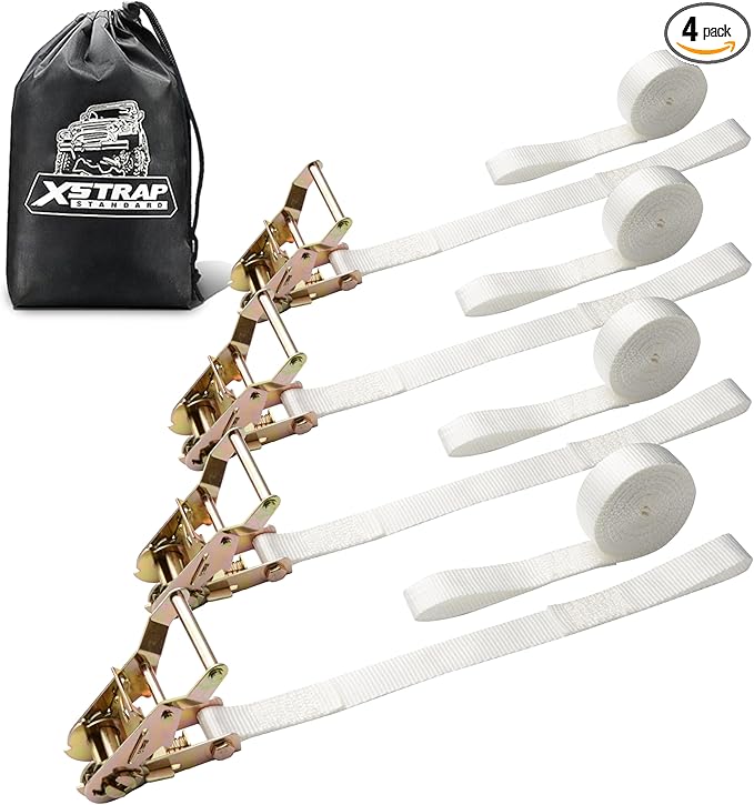 XSTRAP Standard 4PK 1" Ratchet Tent Straps with Loop End - Heavy Duty 2500lbs Breaking Strength, Secure Tents & Canopies for Camping/Events, 12ft Tie Down Straps, Durable Polyester Webbing