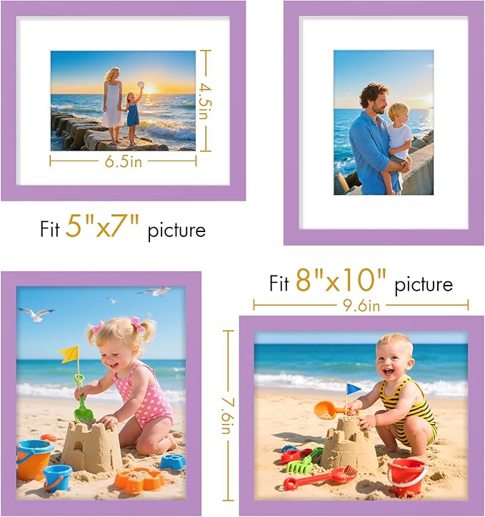 Vittanly 8x10 Picture Frame, Made of Solid Wood and Shatterproof Plexiglass, Display Pictures 5x7 with Mat or 8x10 without Mat, Wooden Photo Frame for Wall Mounting or Tabletop Display, Purple, 1 Pack